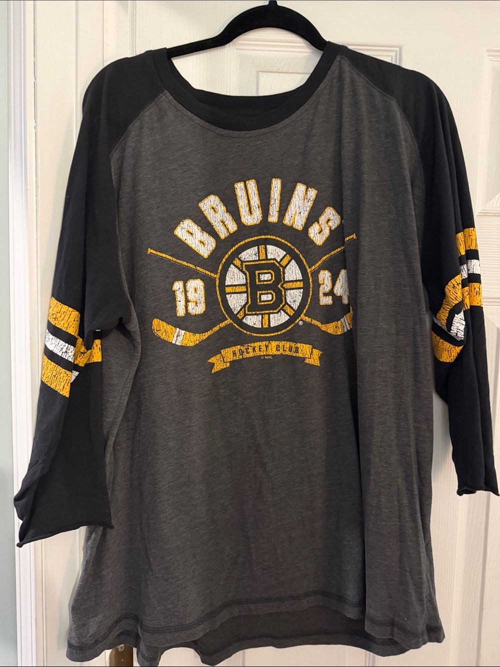 NHL Boston Bruins Charcoal and Black Long Sleeve Raglan Tee with Yellow Accents